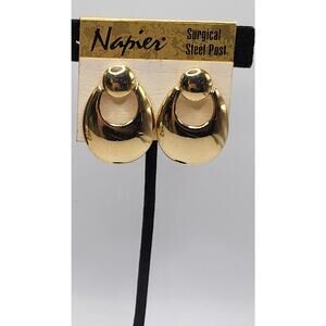 Vintage Napier Gold Tone Door Knocker Earrings On Card Surgical Steel Post